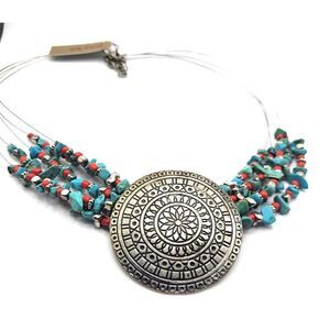 NWT Ruby Rd Turquoise and Coral Chip Southwestern Large Pendant Necklace 23 in